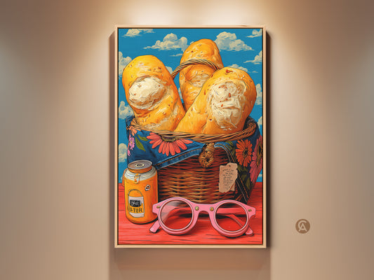 A vibrant pop art still life features bread in a basket. Retro jam jar and pink sunglasses add surreal touches. Eclectic kitchen wall art with yellow blue and orange hues. A unique housewarming gift for bakers who love colorful food artwork. Perfect for adding a fun retro vibe to cafe or home decor.