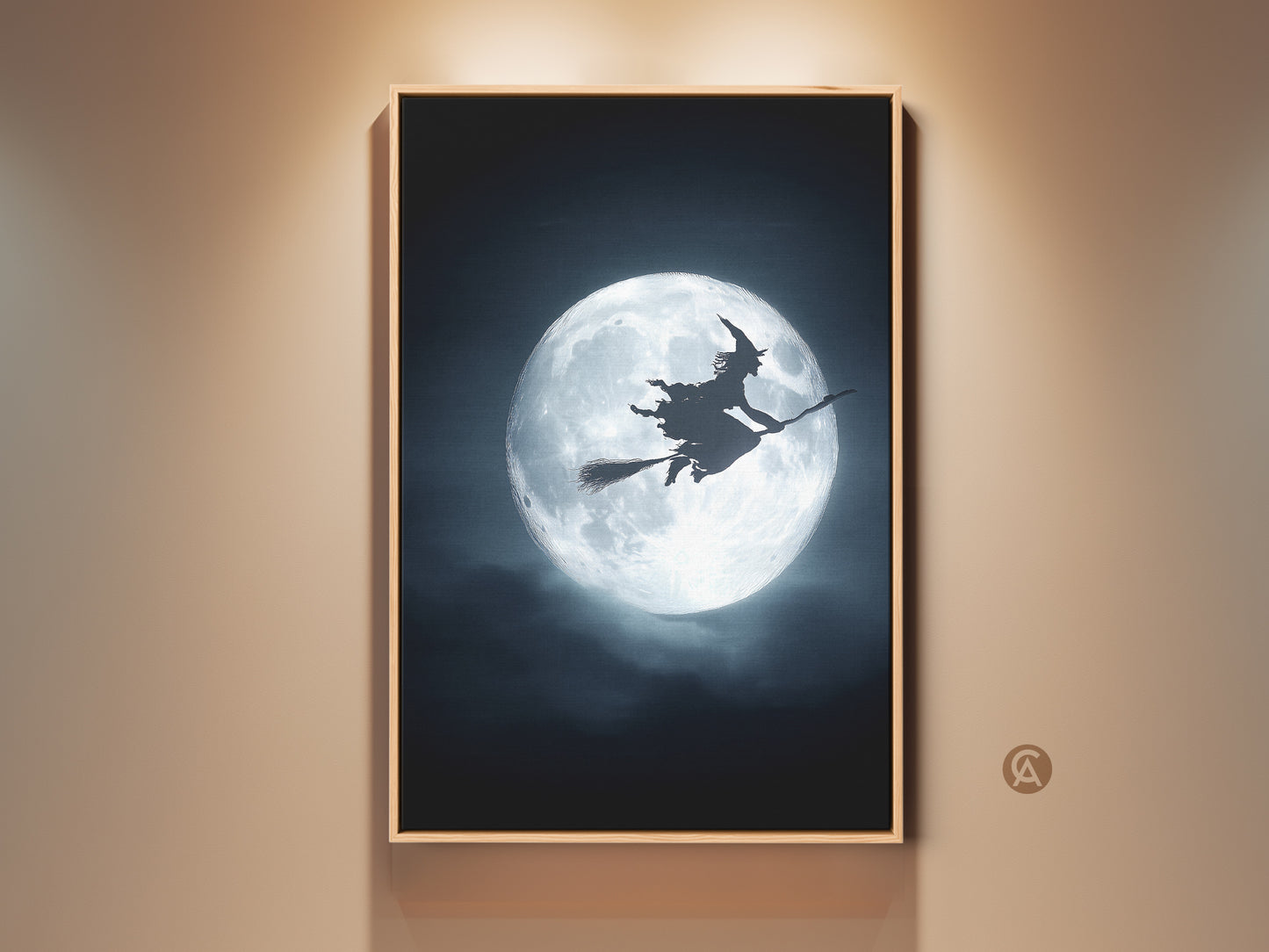 A framed gothic Halloween fantasy art print showcasing a witch on a broomstick silhouetted against a full moon. This eclectic witchcraft home decor adds a dark blue and silver touch to any wall. Perfect for spooky season decor.
