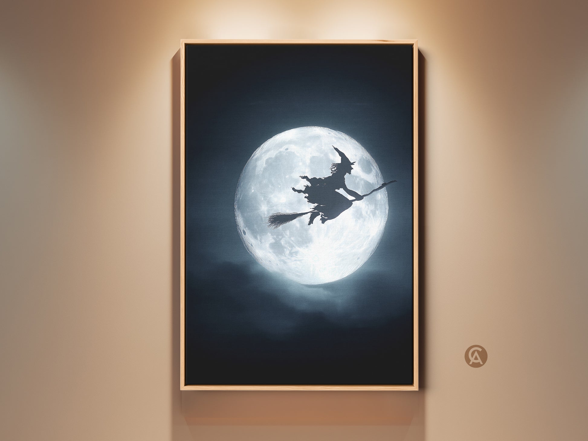 A framed gothic Halloween fantasy art print showcasing a witch on a broomstick silhouetted against a full moon. This eclectic witchcraft home decor adds a dark blue and silver touch to any wall. Perfect for spooky season decor.