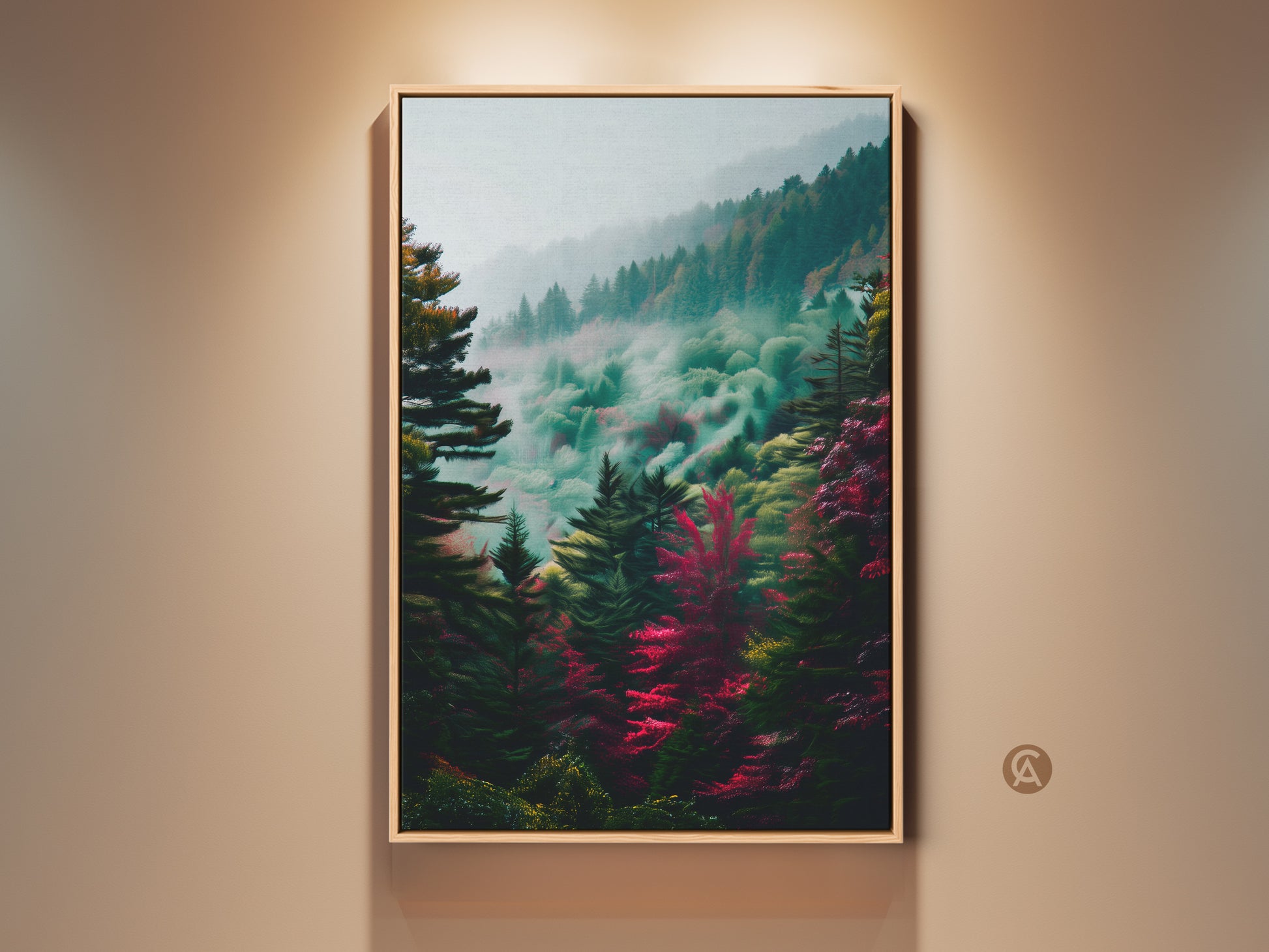 Framed forest art print on a beige wall. This artwork features lush green and red trees shrouded in mist. The framed canvas adds a touch of elegance. It is perfect for nature lovers.