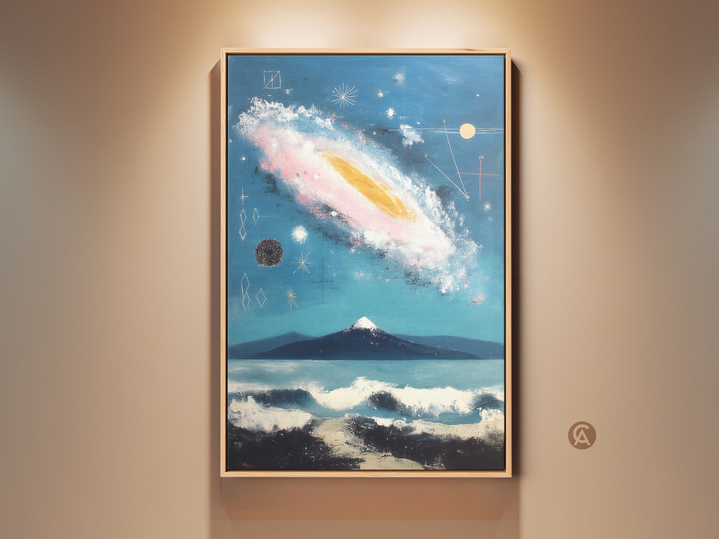 Framed abstract galaxy canvas print. This mountain landscape art features deep blue teal hues. Pink and gold accents create a cosmic ocean wave. Perfect mid-century modern eclectic wall decor.
