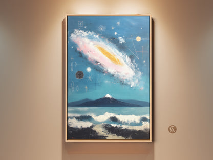 Framed abstract galaxy canvas print. This mountain landscape art features deep blue teal hues. Pink and gold accents create a cosmic ocean wave. Perfect mid-century modern eclectic wall decor.