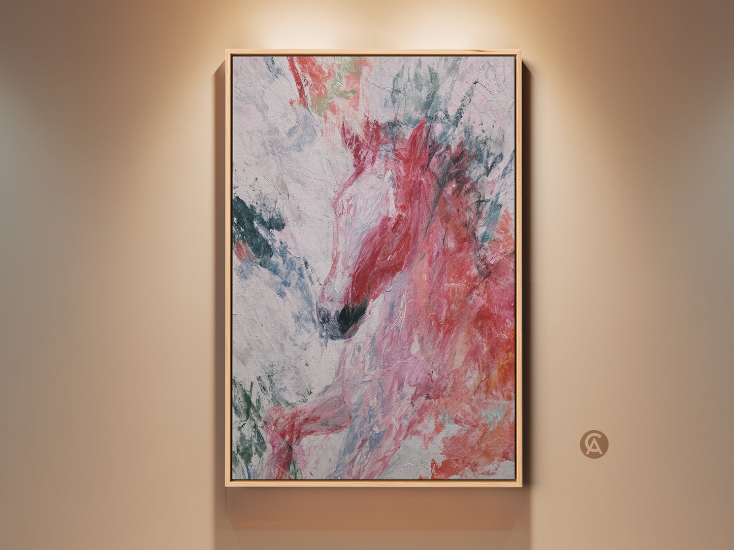 Gallery view of an expressive abstract horse canvas art print. The artwork features a dynamic blend of coral teal and pink hues. This eclectic animal art piece is a perfect gift for horse lovers. The canvas is framed in a natural wood tone enhancing its vibrant colors and making it a focal point for any room.