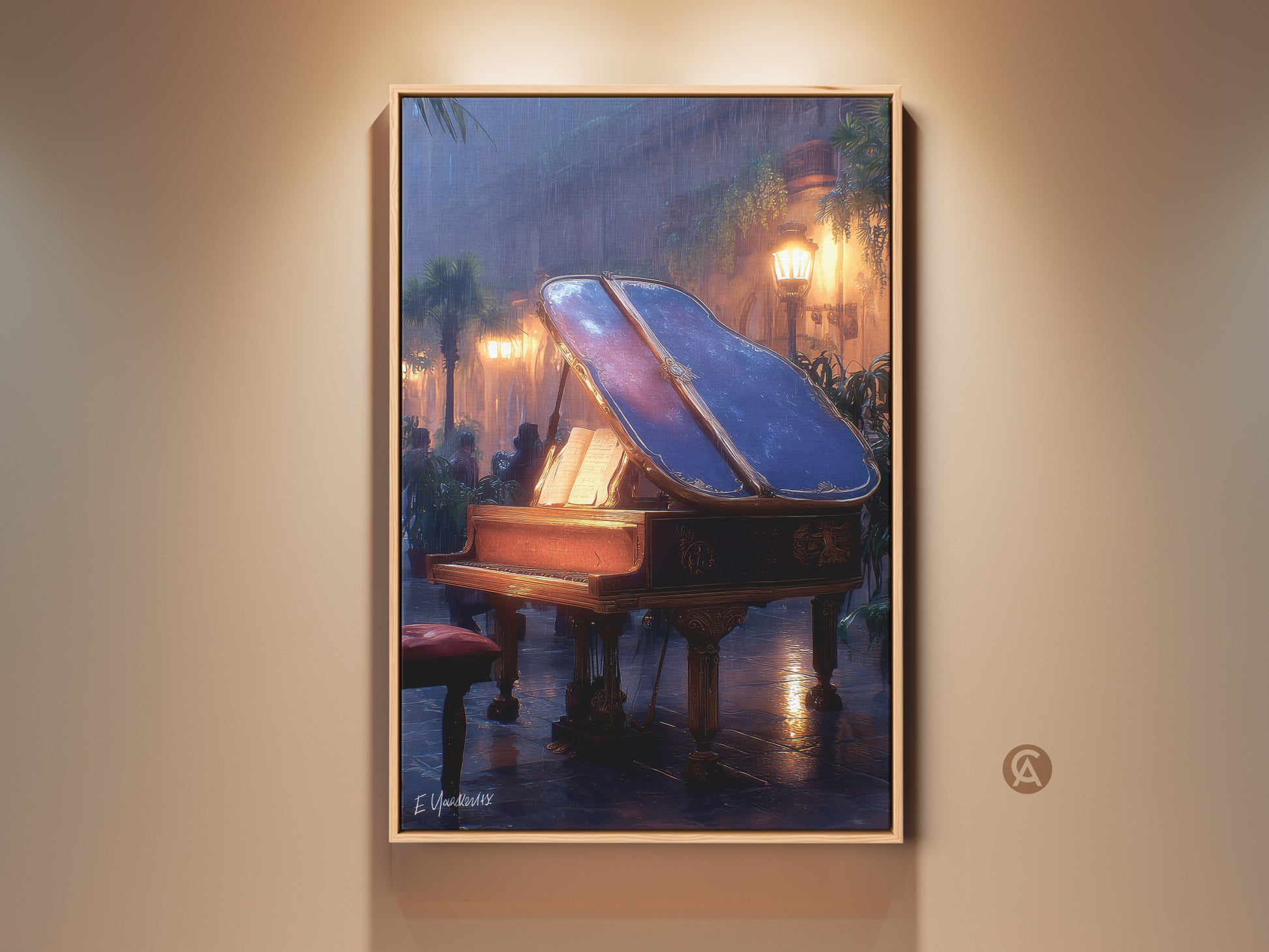 Exquisite grand piano canvas artwork displayed in a well lit room. The mahogany amber blue print adds cinematic charm to home decor. This eclectic music decor is perfect as a unique art gift. The rainy street wall art enhances any residential space with ambient elegance.