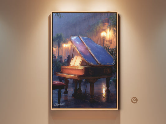 Exquisite grand piano canvas artwork displayed in a well lit room. The mahogany amber blue print adds cinematic charm to home decor. This eclectic music decor is perfect as a unique art gift. The rainy street wall art enhances any residential space with ambient elegance.