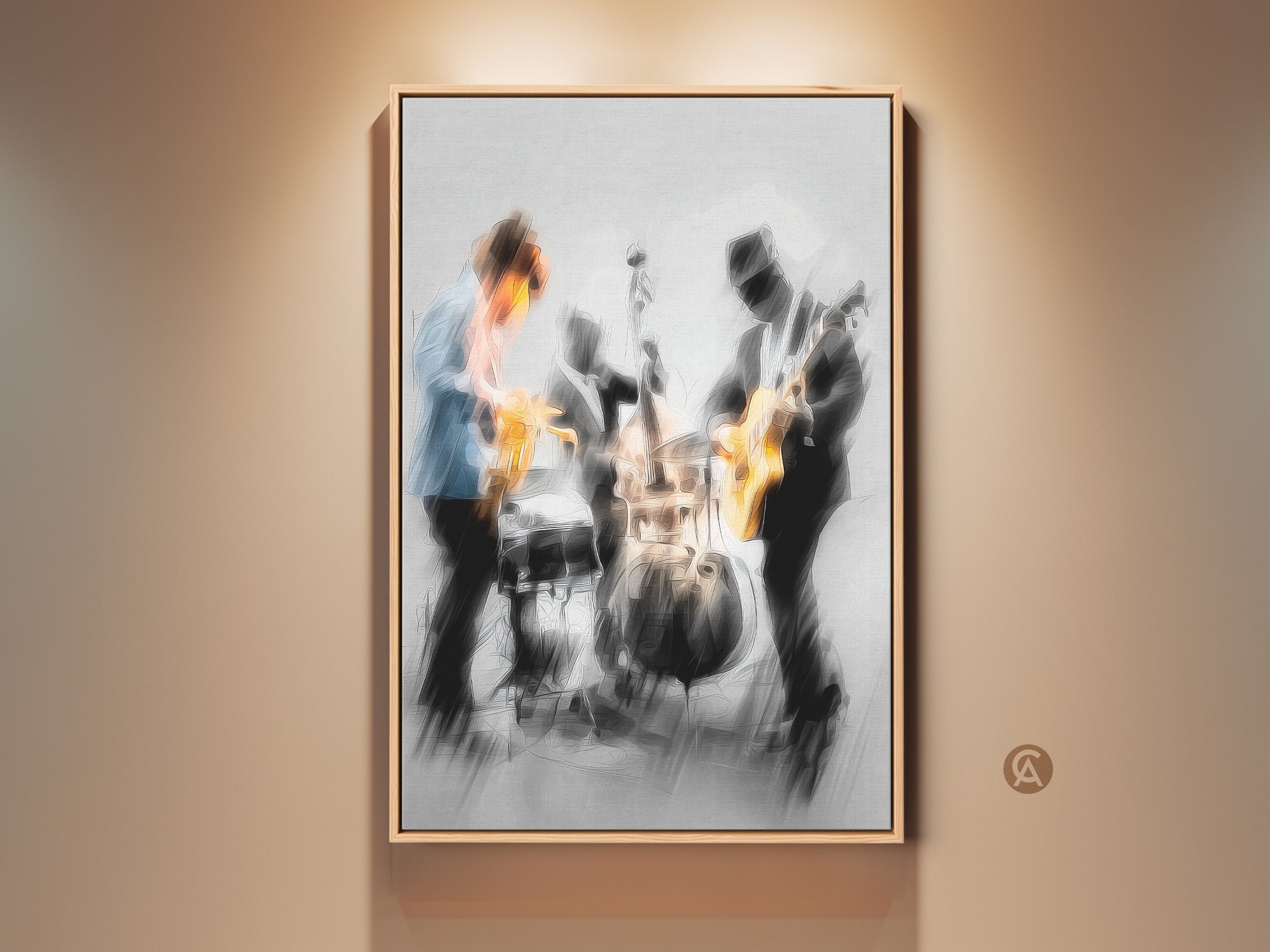 Framed canvas print of a jazz band performing. Three musicians are featured. One plays the saxophone another the guitar and the third plays the drums. The artwork style is abstract. The frame is a natural wood color. Purchase fine art prints today.