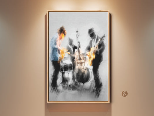 Framed canvas print of a jazz band performing. Three musicians are featured. One plays the saxophone another the guitar and the third plays the drums. The artwork style is abstract. The frame is a natural wood color. Purchase fine art prints today.