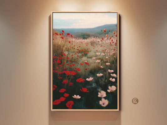Crimson Red Poppy Field art print displayed in a room setting. The impressionistic floral landscape canvas adds a touch of Boho charm. This nature lovers gift idea presents soft pink wildflowers in a dreamy scene. Perfect botanical art for a living room or entryway floral canvas.