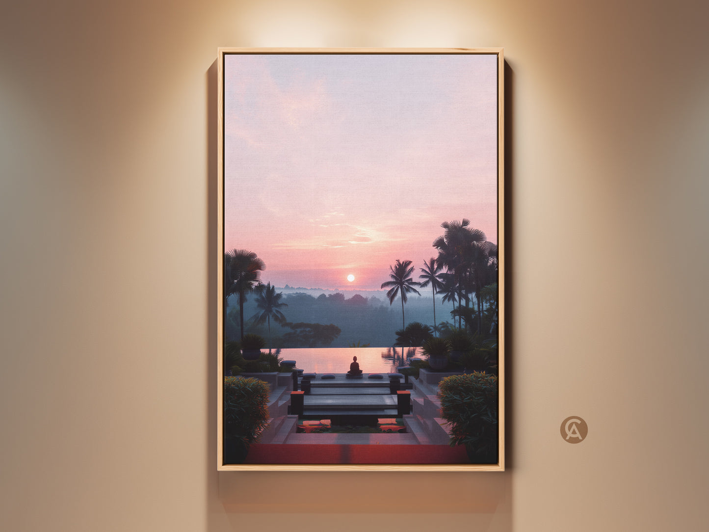 Framed Zen Buddha Pool art. This tropical canvas print displays a pink and orange sunset landscape. It is perfect boho yoga meditation home decor. The artwork captures a serene Buddha statue by an infinity pool. The calming landscape adds tranquility to any space.