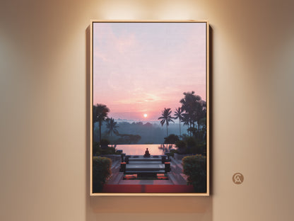 Framed Zen Buddha Pool art. This tropical canvas print displays a pink and orange sunset landscape. It is perfect boho yoga meditation home decor. The artwork captures a serene Buddha statue by an infinity pool. The calming landscape adds tranquility to any space.