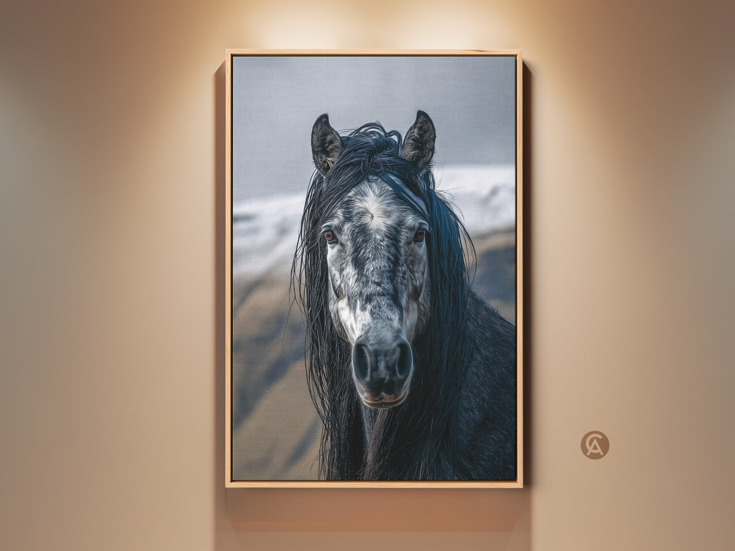Framed dark grey and white horse canvas art. This rustic animal portrait is a striking piece of equine wall decor. The photorealistic print captures the horse's mane detail beautifully.  A perfect gift for horse lovers seeking elegant home decor.  This equestrian art enhances any space with natural beauty.
