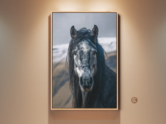 Framed dark grey and white horse canvas art. This rustic animal portrait is a striking piece of equine wall decor. The photorealistic print captures the horse's mane detail beautifully.  A perfect gift for horse lovers seeking elegant home decor.  This equestrian art enhances any space with natural beauty.