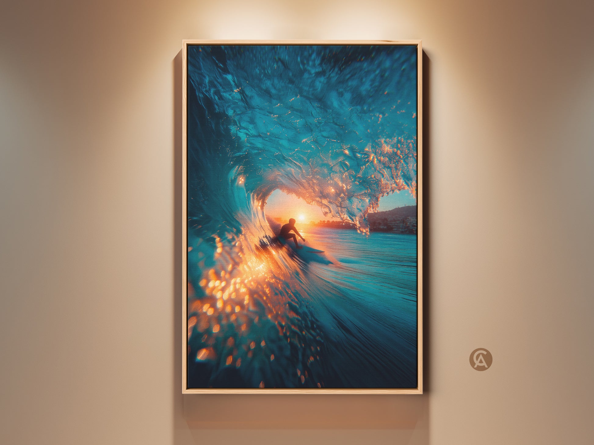 Experience the thrill of surfing with this captivating artwork. A surfer rides a stunning blue wave at sunset. The fine art print is framed in a natural wood finish. Perfect for ocean lovers bring the surf to your home decor with this unique piece.