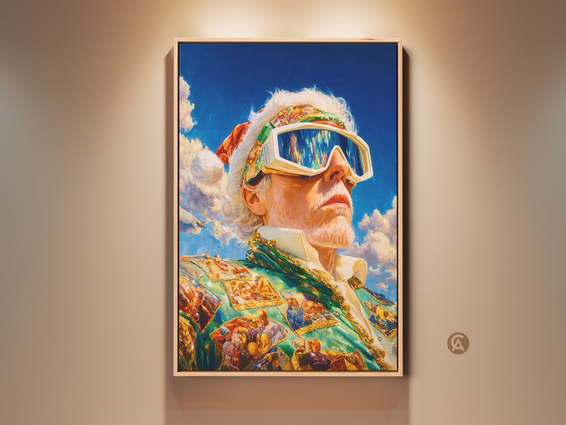 A framed portrait art piece is displayed. It features a man with white hair and goggles. He is wearing a colorful suit. The sky behind him is blue with clouds. This artwork adds a unique style to any room. Perfect for art collectors and enthusiasts.