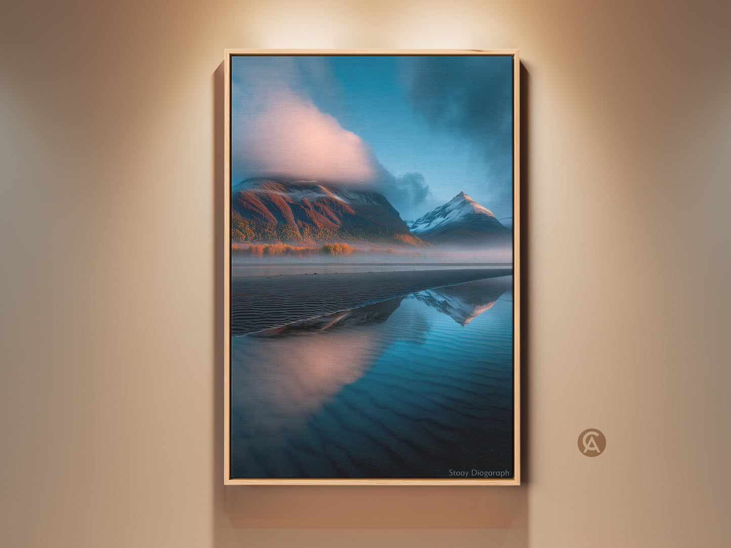 Blue orange teal mountain lake canvas print for modern home decor. This serene nature photography captures a foggy lake and majestic mountains. Perfect bedroom wall art reflecting tranquility.