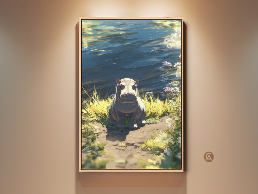 Charming baby hippopotamus art print is framed in oak. It's a wildlife canvas wall art with blue green and yellow nature decor. An eclectic gift for animal lovers. This serene riverbank scene brings whimsical wildlife into any home.