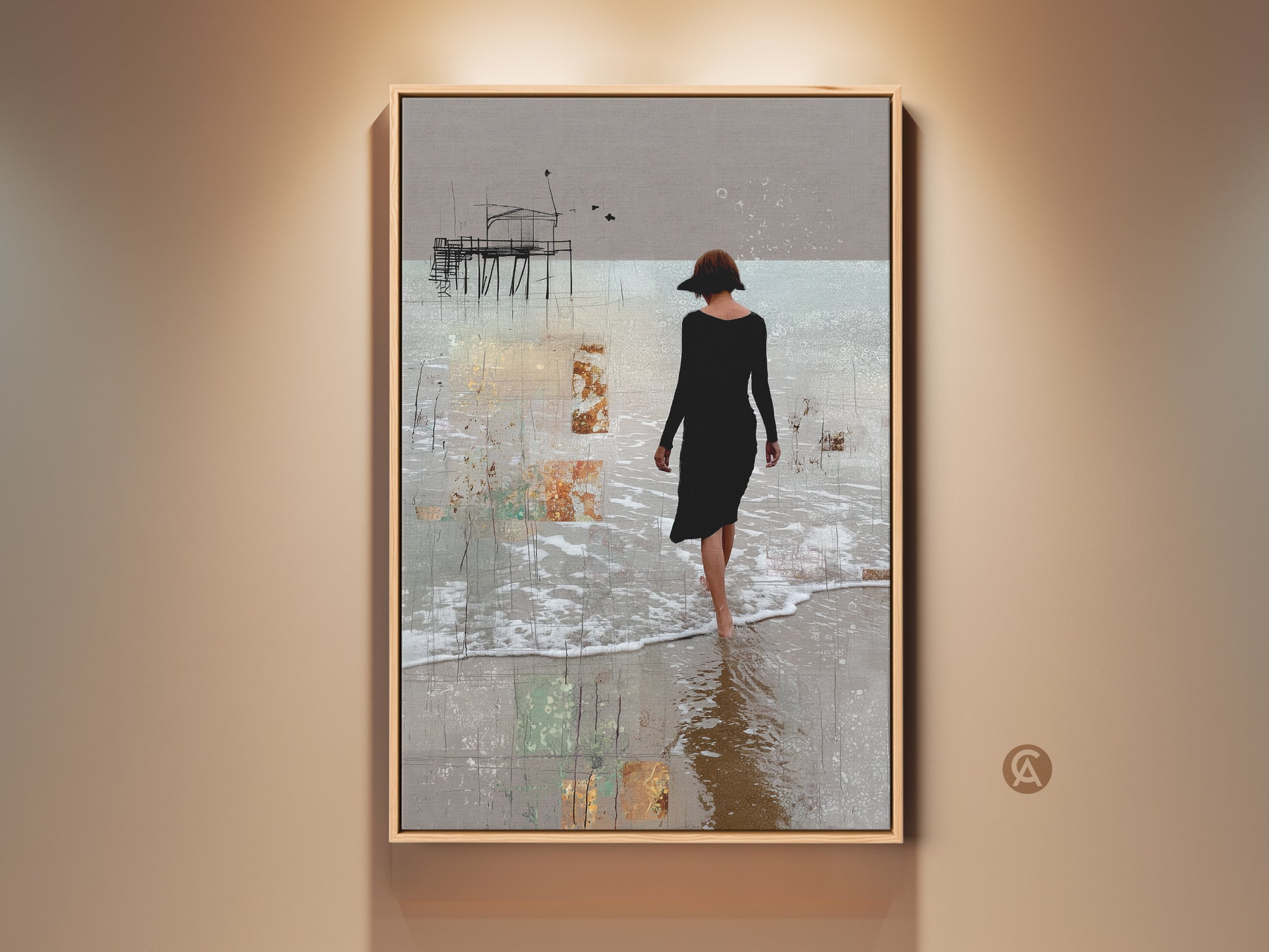 This abstract beach canvas art shows a woman walking along the shore. A pier is in the background. This figurative print features beige brown and gray tones. It is neutral home decor for a calm coastal vibe. Consider this contemporary pier print as a housewarming gift.