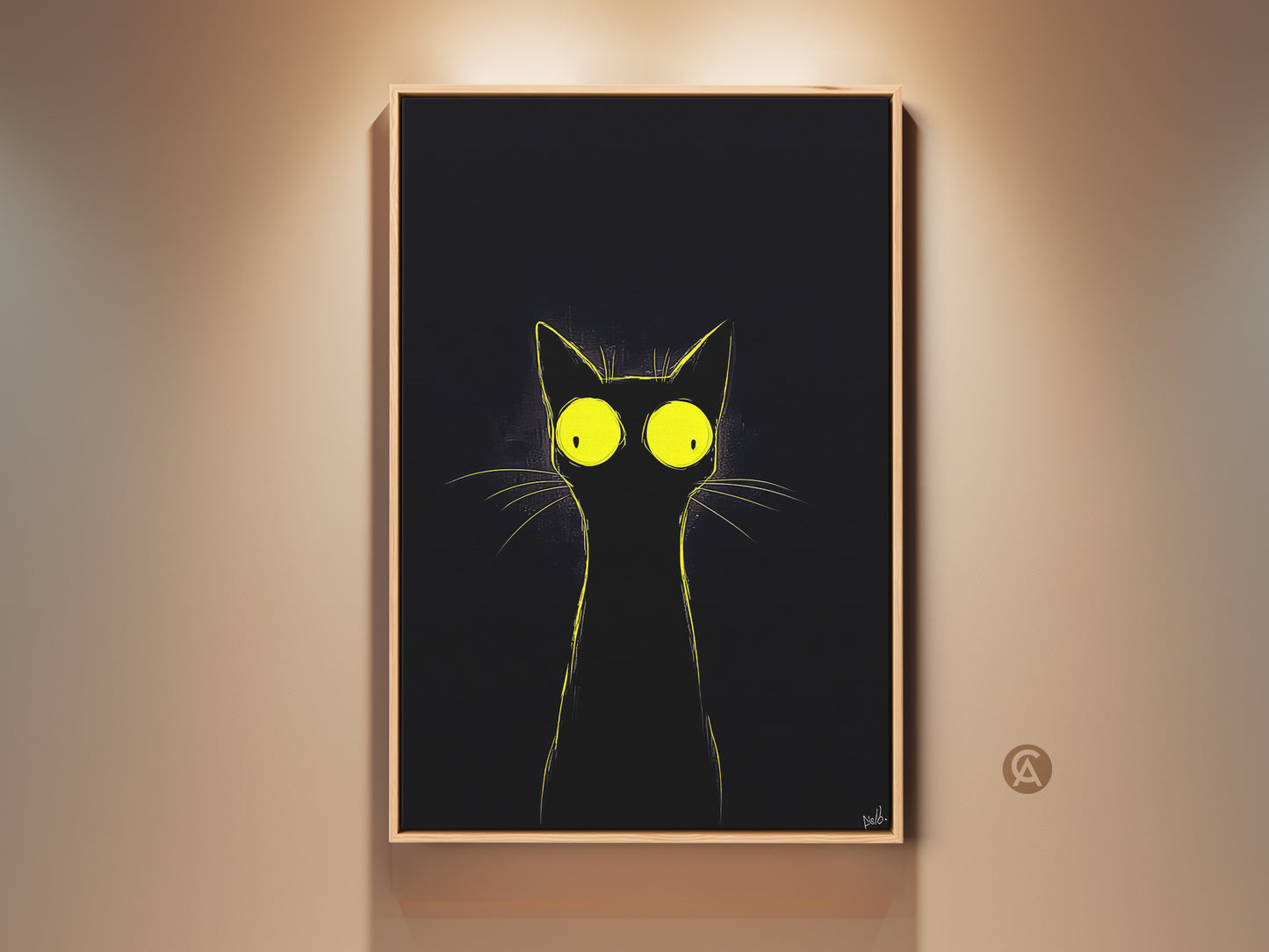 Framed eclectic black cat art print displayed on a wall. The artwork features a minimalist black cat with striking yellow eyes. This funny cat painting adds a quirky touch to any room. It is a unique gift for cat lovers and a delightful addition to your home decor. Perfect for creating a cozy and inviting atmosphere.