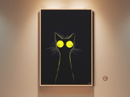 Framed eclectic black cat art print displayed on a wall. The artwork features a minimalist black cat with striking yellow eyes. This funny cat painting adds a quirky touch to any room. It is a unique gift for cat lovers and a delightful addition to your home decor. Perfect for creating a cozy and inviting atmosphere.