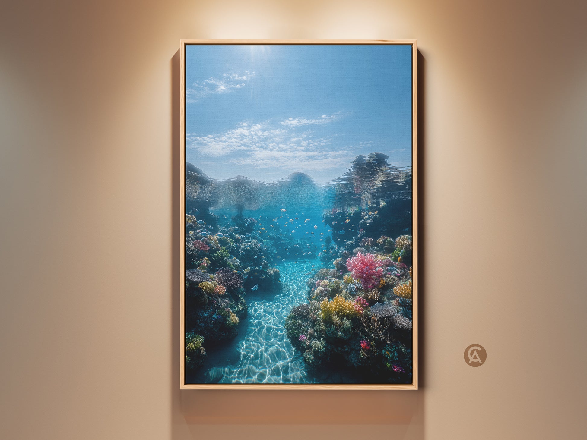 Coastal canvas print displays underwater coral reef and tropical fish artwork. Deep blue and aqua hues create serene ocean wall art ideal for living rooms or bedrooms. Perfect housewarming gift for him or her.