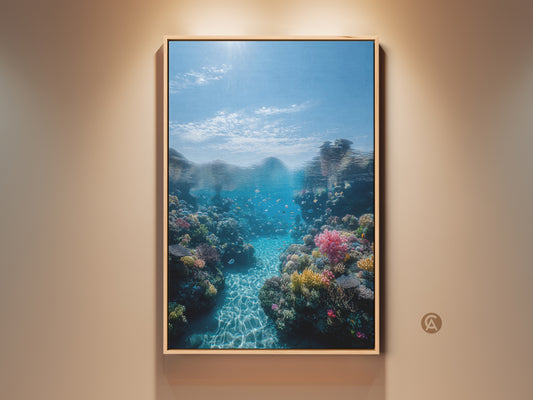 Coastal canvas print displays underwater coral reef and tropical fish artwork. Deep blue and aqua hues create serene ocean wall art ideal for living rooms or bedrooms. Perfect housewarming gift for him or her.