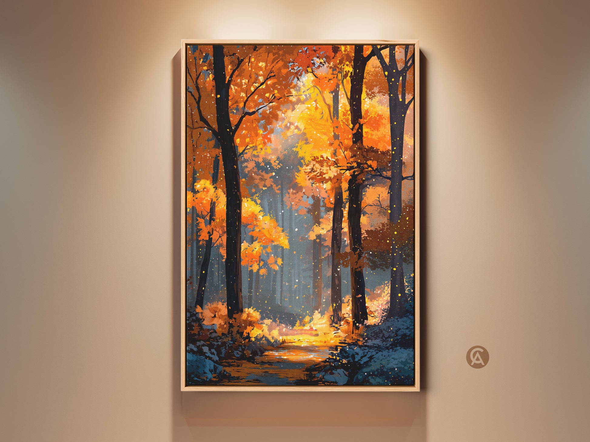 Framed forest artwork on a wall. The painting depicts a vibrant autumn scene. Golden light filters through the trees. A small stream reflects the warm colors. This framed canvas adds nature-inspired beauty to any room.