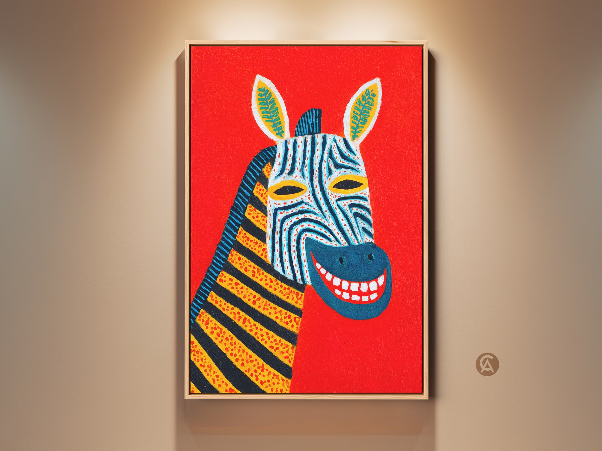 A framed canvas featuring a modern folk art zebra portrait with a red background is on display. This vibrant piece has blue yellow and black stripes. It adds an eclectic touch to any room. Perfect gift for animal lovers seeking unique wall decor.