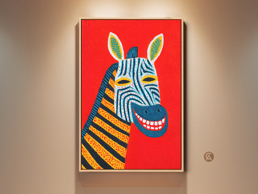 A framed canvas featuring a modern folk art zebra portrait with a red background is on display. This vibrant piece has blue yellow and black stripes. It adds an eclectic touch to any room. Perfect gift for animal lovers seeking unique wall decor.