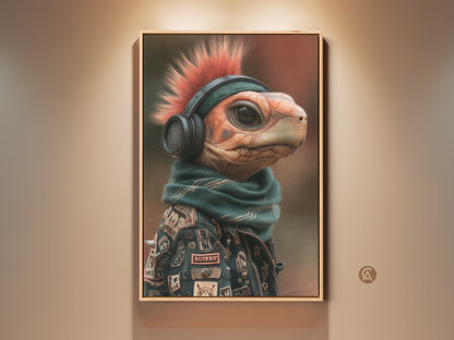 Framed Mohawk Turtle Canvas Art is showcased. This punk rock animal wall decor adds an eclectic touch to any space. The canvas features a turtle with a mohawk headphones scarf and jacket. It is perfect for man caves and music lovers seeking quirky artwork. Bring alternative music decor home today. 