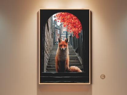 Bring urban nature indoors with this surreal fox art print. An orange fox perches on steps in a city alleyway. Red autumn leaves add a touch of fall color. This nature-inspired artwork is a unique eclectic decor piece for any home or office space.