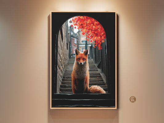 Bring urban nature indoors with this surreal fox art print. An orange fox perches on steps in a city alleyway. Red autumn leaves add a touch of fall color. This nature-inspired artwork is a unique eclectic decor piece for any home or office space.