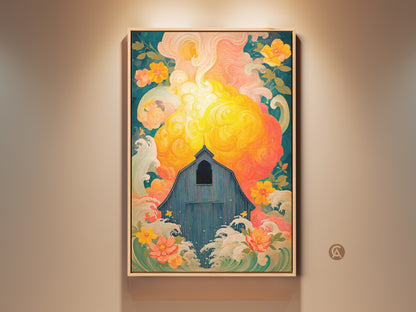 Abstract Floral Art Print featuring a Blue Barn and Yellow Coral Sky. Eclectic Country Home Decor adds charm. Perfect Gift for Country Home Owners seeking a unique wall art piece. The abstract sky and floral elements create a dreamy nature landscape artwork. This piece brings rustic charm to any living room or bedroom decor.