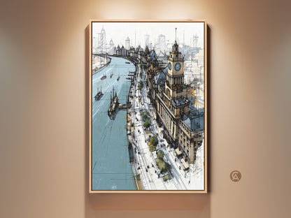 Framed river cityscape sketch art print displayed on a beige wall. This architectural wall art features beige brown and blue hues. Contemporary office decor that adds a touch of travel and sophistication. Perfect housewarming gift for art lovers.