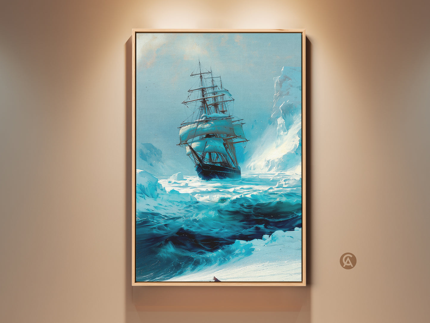 This nautical tall ship canvas art showcases a sailing ship navigating through icy waters. The blue ocean and iceberg add to the maritime adventure. It's perfect wall decor for an office study or coastal home featuring an adventurous ship painting.