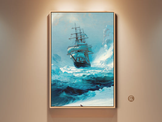 This nautical tall ship canvas art showcases a sailing ship navigating through icy waters. The blue ocean and iceberg add to the maritime adventure. It's perfect wall decor for an office study or coastal home featuring an adventurous ship painting.