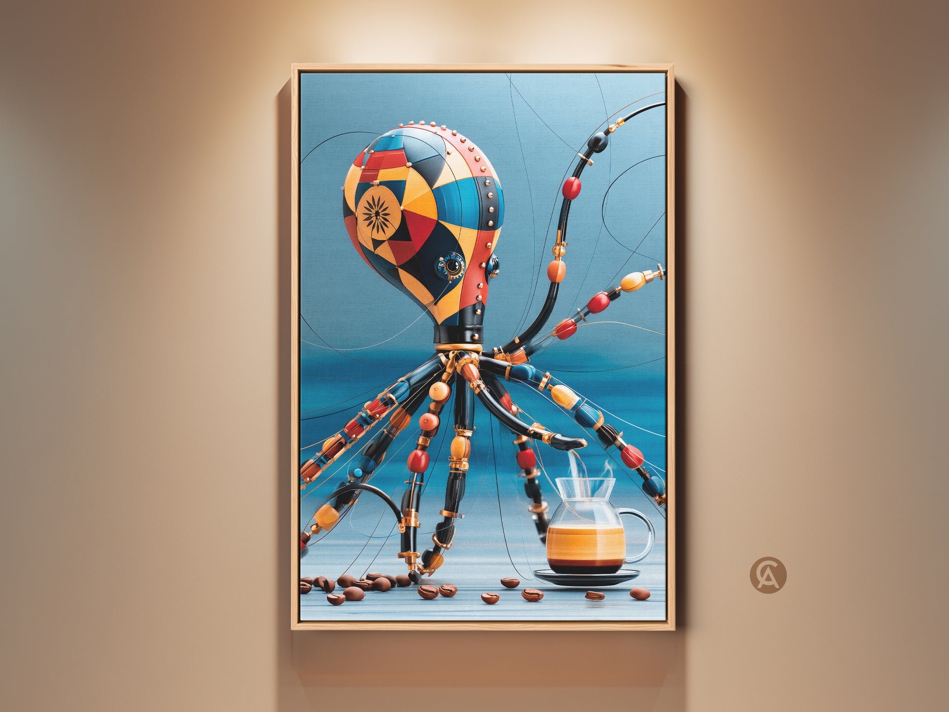 Framed Steampunk Octopus art print. This unique piece blends surrealism with a coffee pour-over theme. The primary colors are Red and Orange with blue accents. A perfect wall decor for a Kitchen or Cafe. It is an exceptional gift for coffee lovers. Fits wonderfully into eclectic home styles.