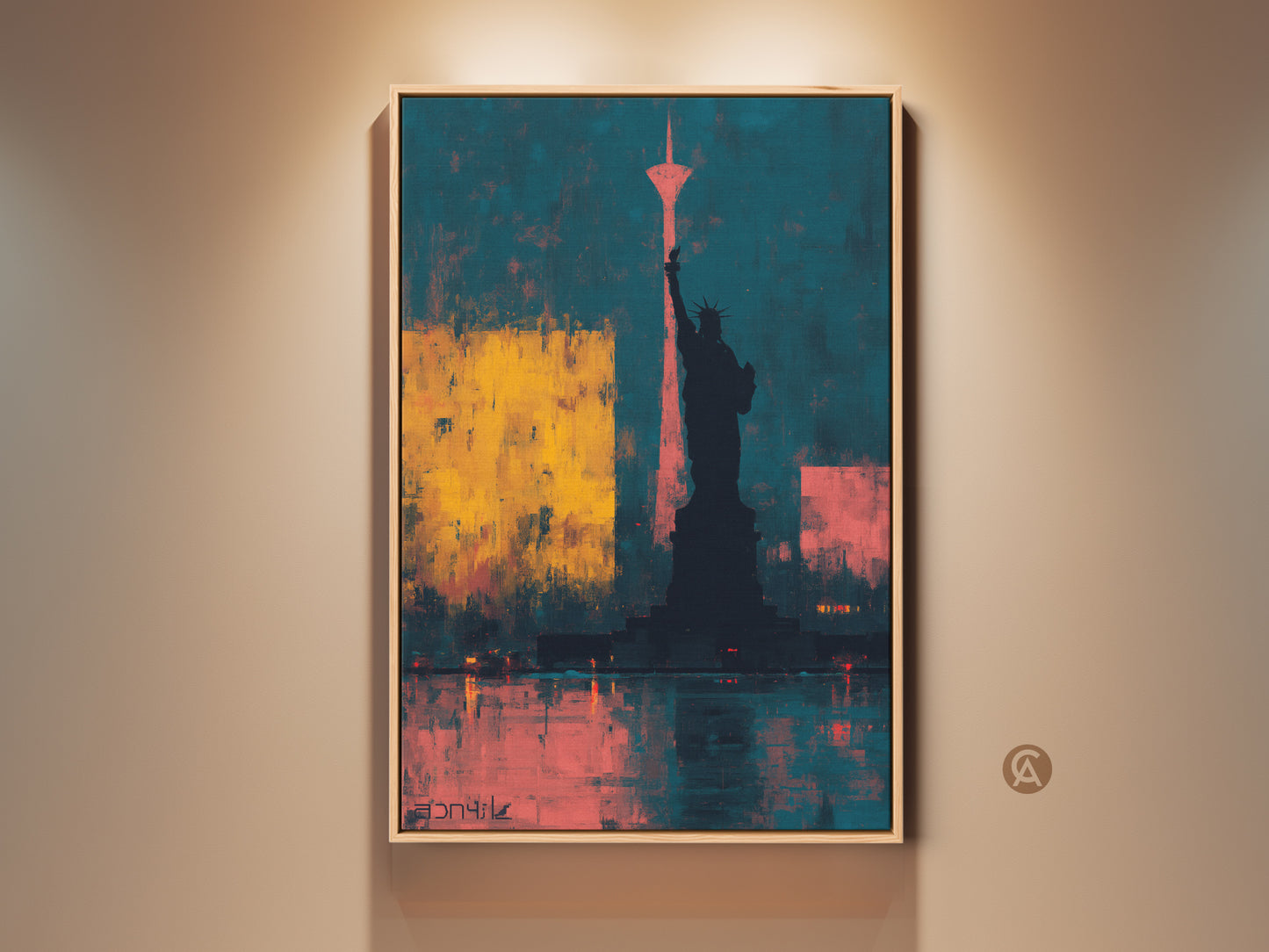 Contemporary abstract Statue of Liberty canvas art in teal and yellow. A unique New York Cityscape wall decor for a modern office or home. It's a vibrant housewarming gift.