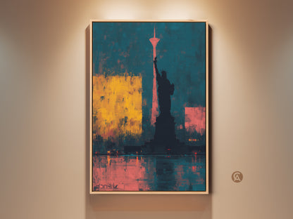 Contemporary abstract Statue of Liberty canvas art in teal and yellow. A unique New York Cityscape wall decor for a modern office or home. It's a vibrant housewarming gift.