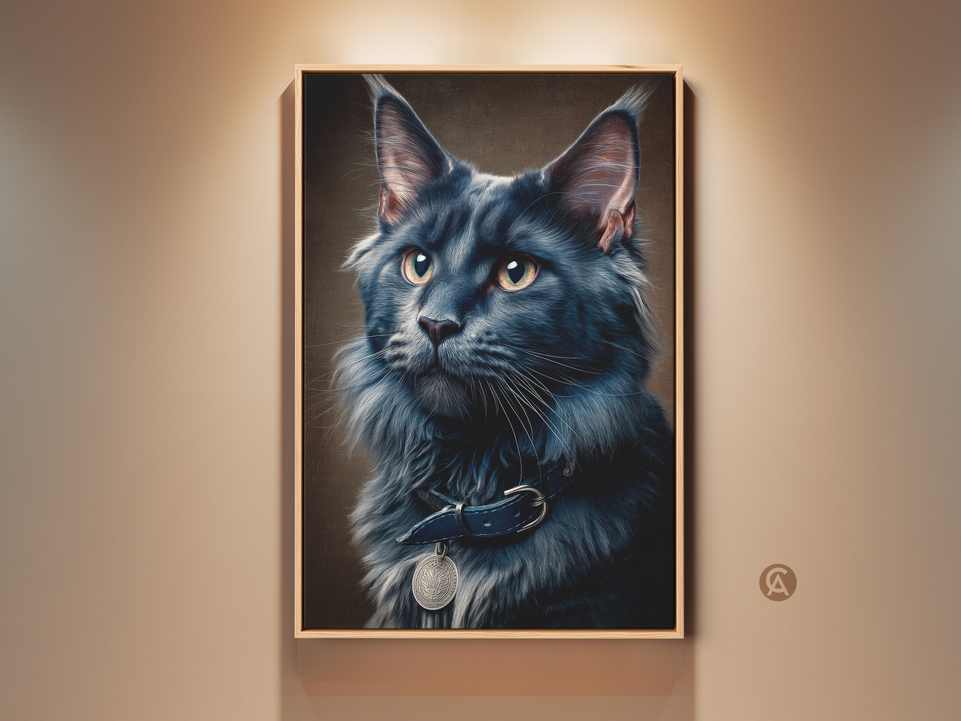 A framed print of a dark gray Maine Coon cat is displayed. This realistic feline digital painting serves as elegant home decor. Its a stylish pet portrait wall art piece perfect for any cat lover's home. This contemporary artwork adds a unique touch to residential spaces.