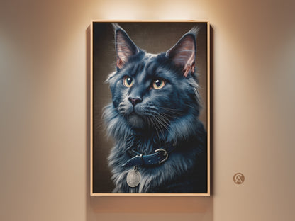 A framed print of a dark gray Maine Coon cat is displayed. This realistic feline digital painting serves as elegant home decor. Its a stylish pet portrait wall art piece perfect for any cat lover's home. This contemporary artwork adds a unique touch to residential spaces.