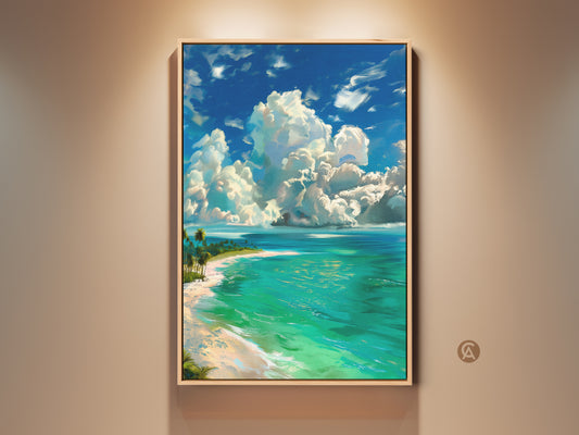 Experience serene tropical bliss with this framed beach artwork. The turquoise ocean meets a pristine sandy shore under a sky of fluffy white clouds. The wood frame enhances the vibrant colors making it ready to hang and admire.