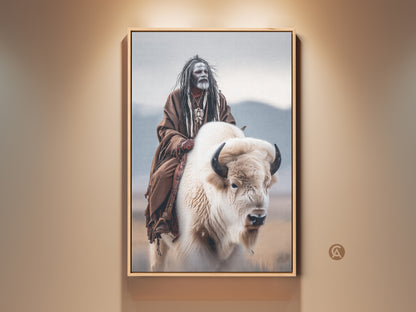 Framed artwork featuring a Native American man riding a white buffalo. The canvas art is displayed in a warm neutral room. The artwork showcases cultural heritage and symbolism. Perfect wall decor for art collectors and enthusiasts. Shop now for unique Native American art prints.