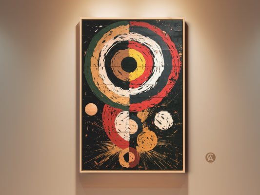 A striking retro abstract geometric canvas art print for eclectic decor. It features concentric circles and explosion shapes in red black and white. This Mid-Century Modern artwork adds a unique touch to any home or office space. Ideal as a housewarming gift for lovers of distinctive wall art.