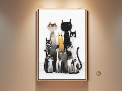 Framed Cat Family Wall Art Print. This artwork features a charming collection of cats in black white and gray tones. Perfect eclectic home decor for cat moms and dads to add personality and warmth to living spaces.