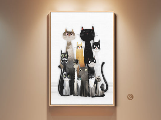 Framed Cat Family Wall Art Print. This artwork features a charming collection of cats in black white and gray tones. Perfect eclectic home decor for cat moms and dads to add personality and warmth to living spaces.