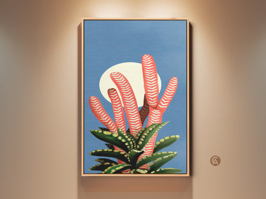 Botanical Wall Art Print featuring a coral succulent with a moon. The art has a Mid-Century Modern style. It would look great in a Scandinavian home office. This abstract nature art adds a modern touch to any room. This is a great housewarming present art or plant lover gift idea.