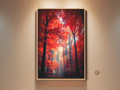 Gallery artwork featuring a vibrant red forest scene. Sunlight streams through the tall trees creating a captivating focal point. The artwork is framed adding a touch of elegance. Perfect wall decor to bring nature's beauty indoors.