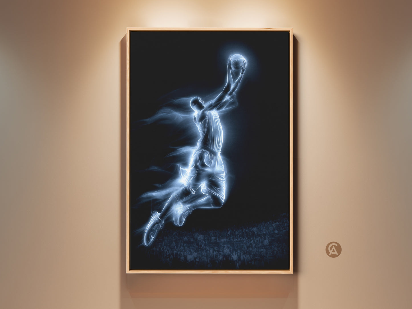 Framed basketball player art. This artwork shows a man dunking. The canvas has a wooden frame. This wall art is perfect for sports fans. Buy the framed canvas now