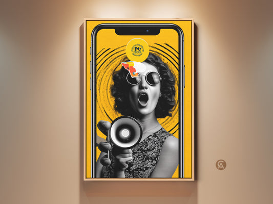 Retro pop artwork featuring a woman with a megaphone. The black and white portrait pops against a vibrant yellow background. The canvas print adds an eclectic touch to any room. This empowering artwork celebrates activism and self-expression. This is ideal for office decor or as a unique gift.
