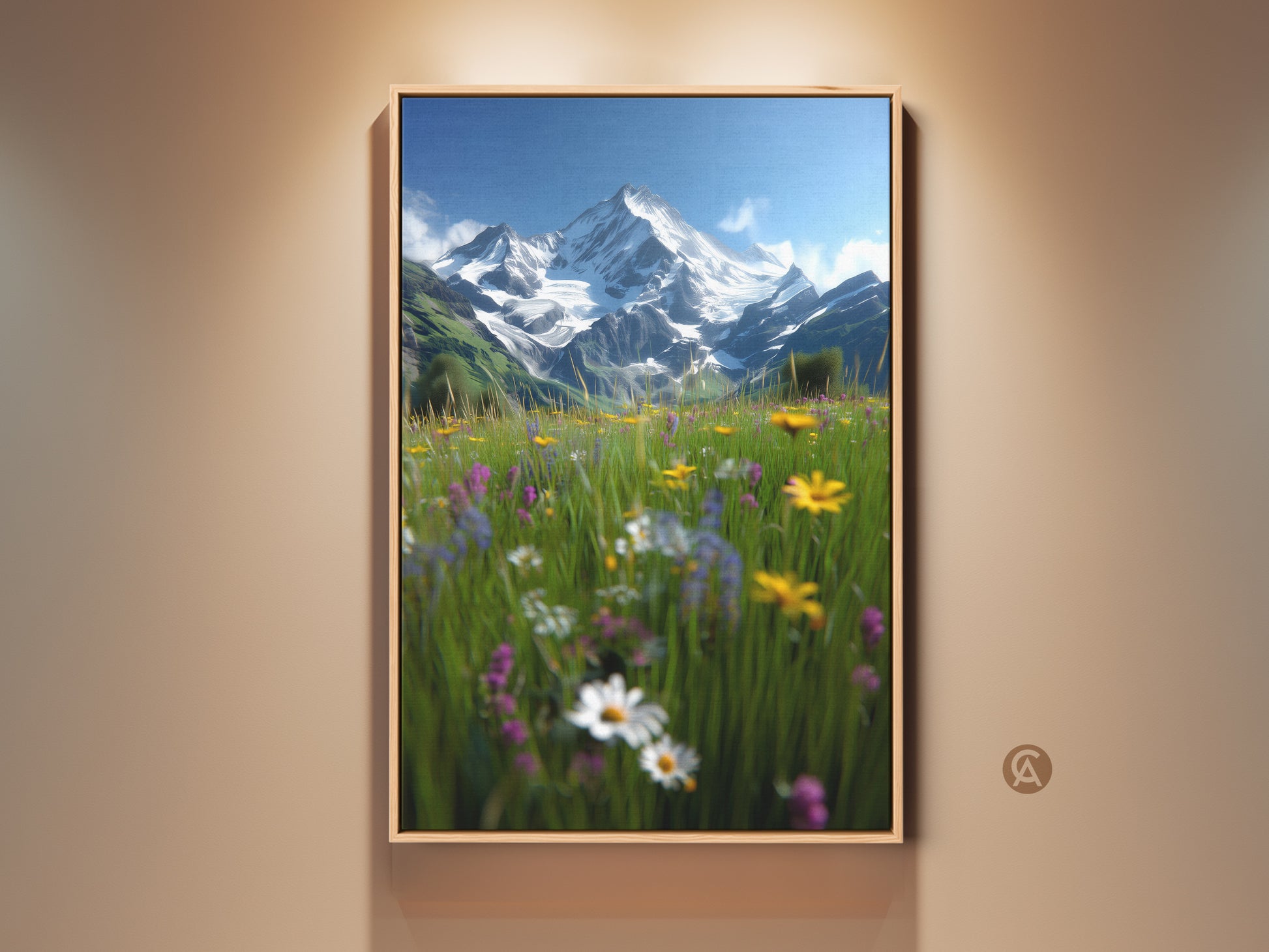 Framed canvas print showcases a vibrant alpine meadow. Wildflowers bloom beneath snow-capped mountains. This impressionistic landscape art adds rustic charm to any room. Ideal housewarming gift for nature lovers. The frame enhances the artwork's beauty making it ready to hang.
